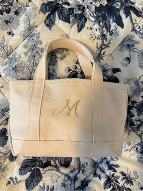 L.L. Bean NEW Neutral Cream Canvas Mini Tote Bag with Embroidered Monogram M